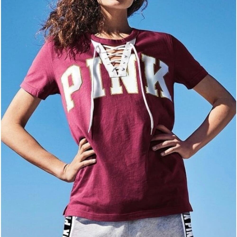 PINK by Victoria's Secret Maroon Campus Logo Tee Size M
